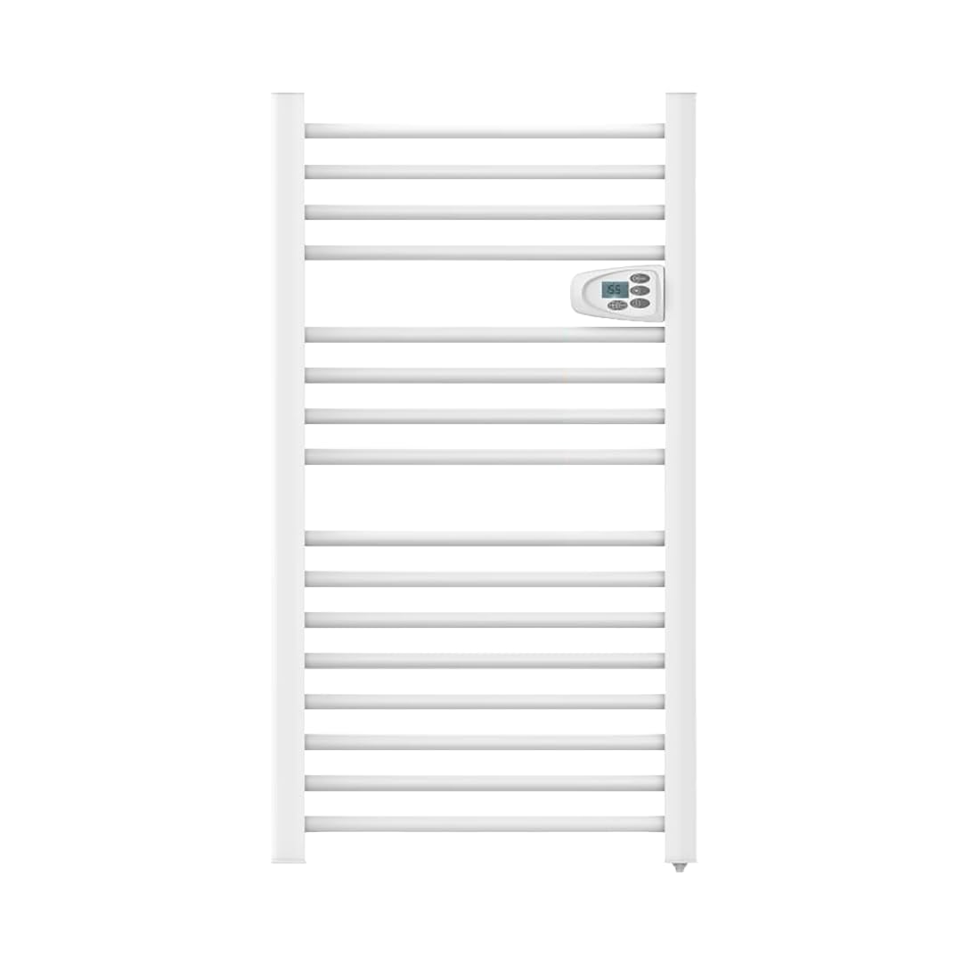 Sèche-serviettes électrique mural Bestherm Hestia blanc installé dans une salle de bain contemporaine
