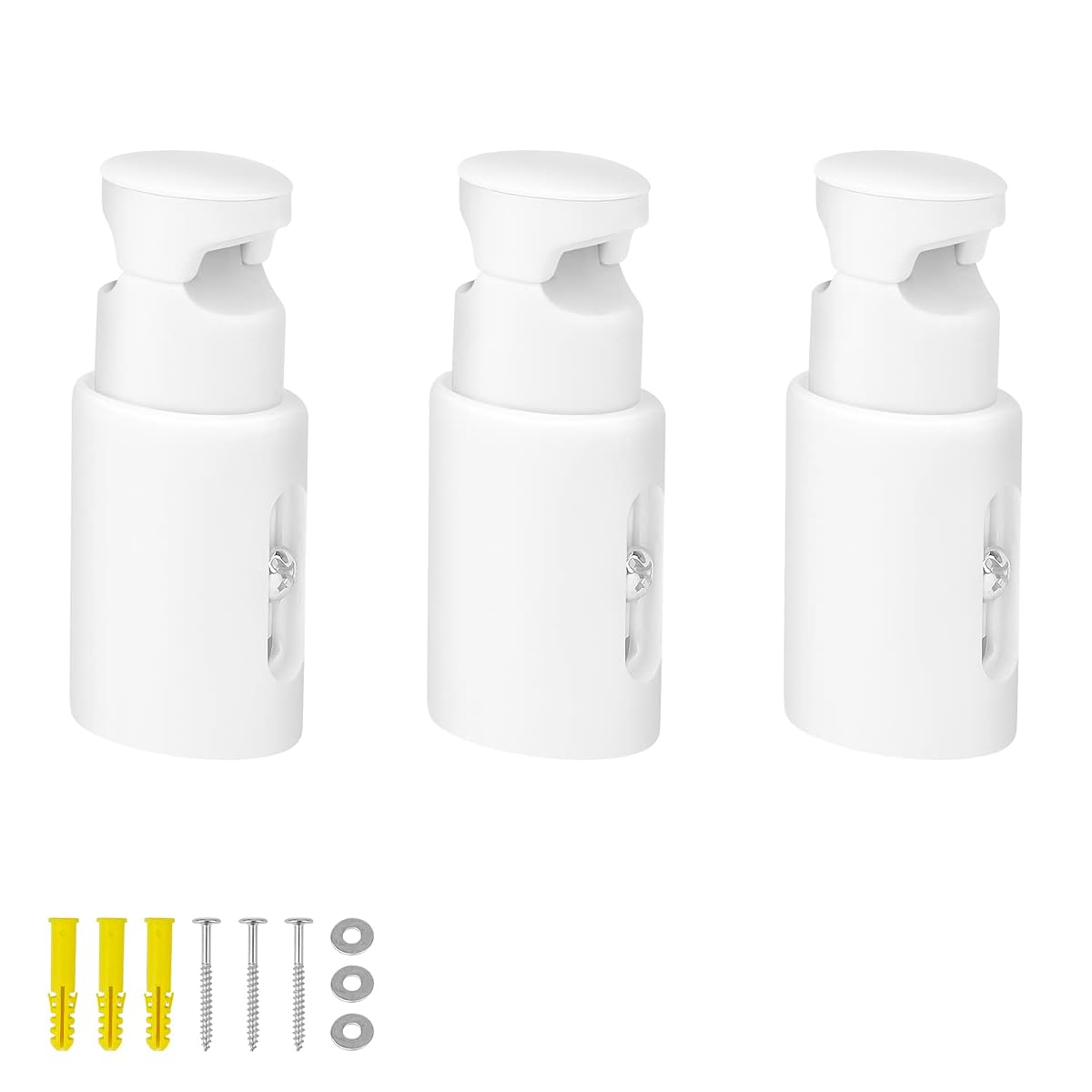 Trois supports muraux blancs avec écrous et entretoises près d’un sèche-serviettes.
