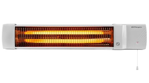 Radiateur quartz Orbegozo blanc à deux tiges, installé dans une salle de bains claire