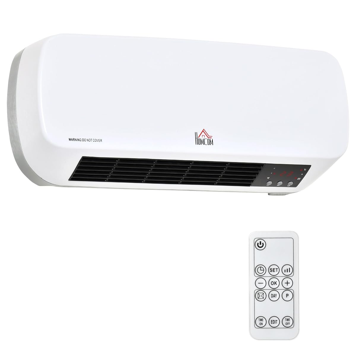 Radiateur soufflant mural Homcom blanc installé sur un mur carrelé dans une salle de bain claire
