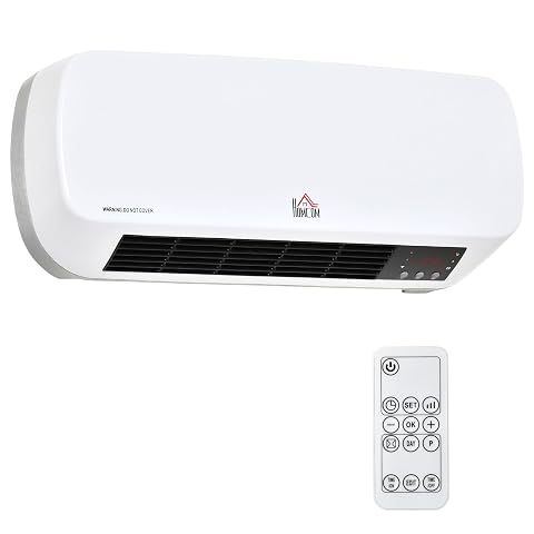 Radiateur soufflant mural Homcom blanc installé sur un mur carrelé dans une salle de bain claire
