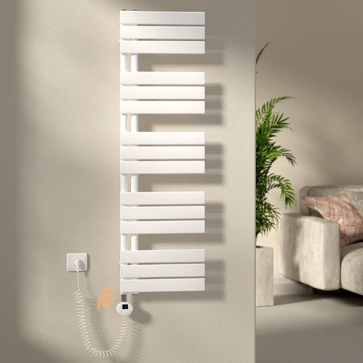 Sèche-serviettes électrique mural blanc installé sur un mur carrelé dans une salle de bain lumineuse.