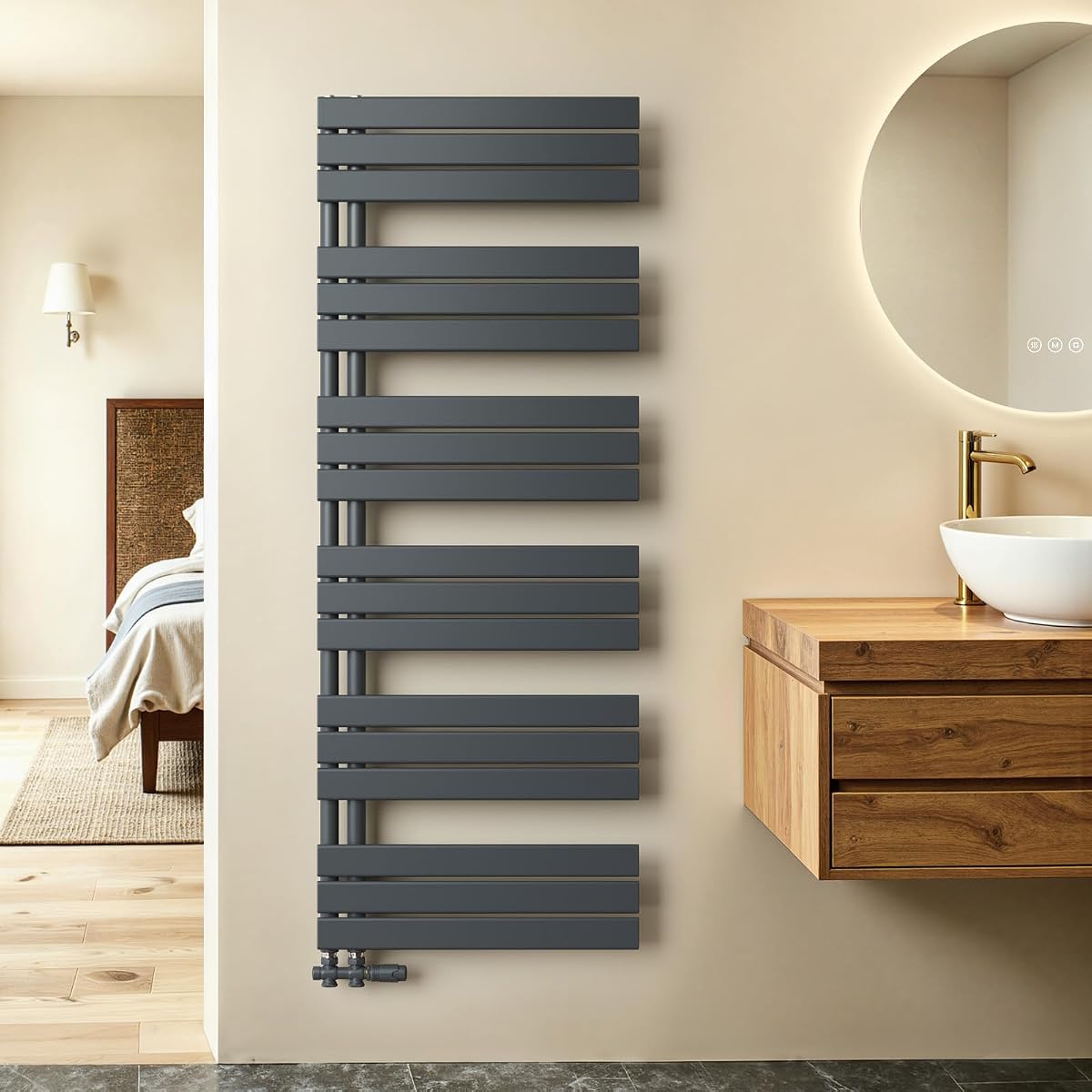 Sèche-serviettes mural anthracite à raccord central dans une salle de bain contemporaine lumineuse
