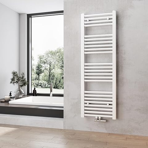 Sèche-serviettes mural blanc Heilmetz en acier, installé sur un mur clair dans une salle de bain contemporaine.