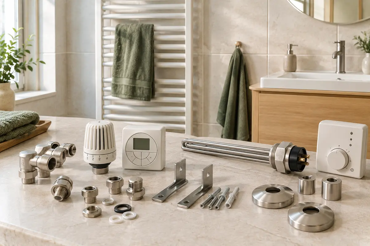 Pièces et accessoires de radiateur de salle de bain disposés sur un plan clair