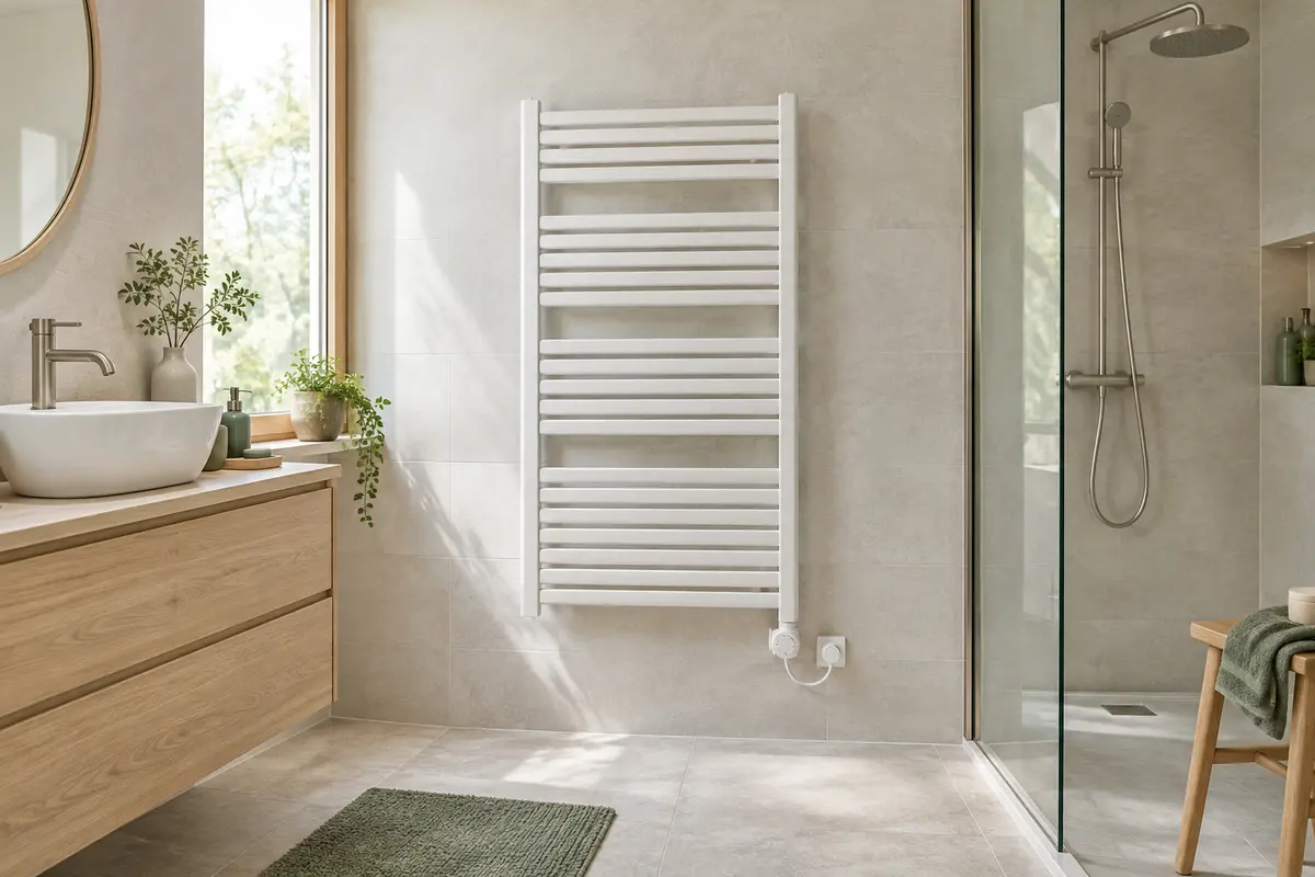Radiateur électrique mural dans une salle de bain aux tons clairs