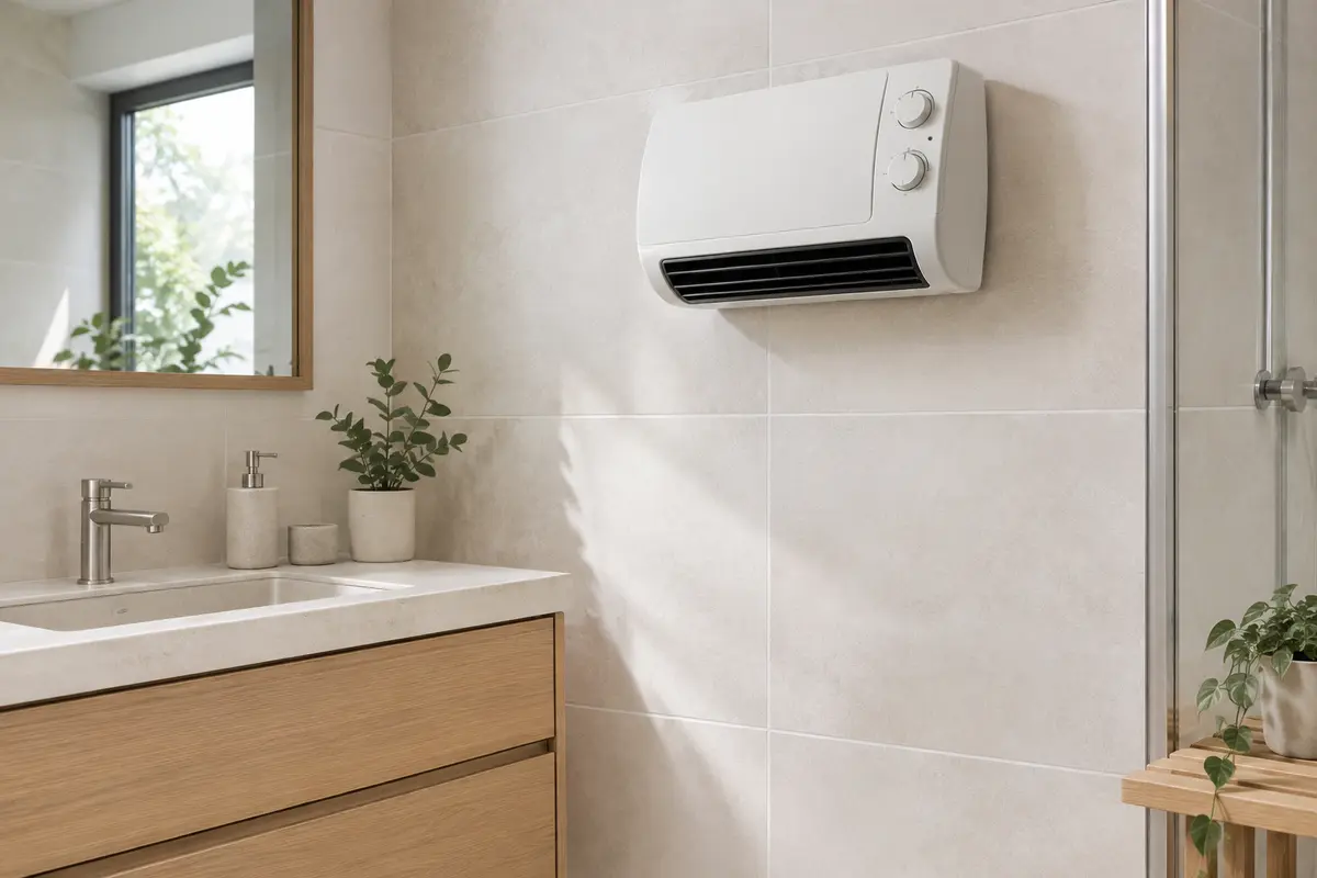 Radiateur soufflant mural fixé sur un mur carrelé de salle de bain