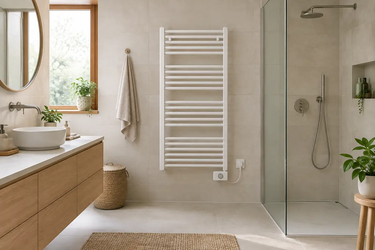 Sèche-serviettes électrique fixé sur le mur carrelé d’une salle de bain lumineuse
