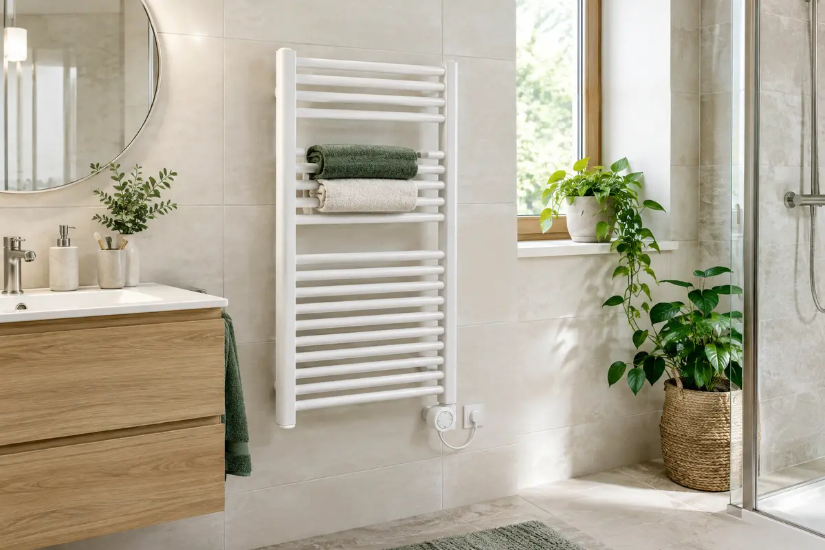 Sèche-serviettes électrique blanc fixé au mur avec deux serviettes pliées