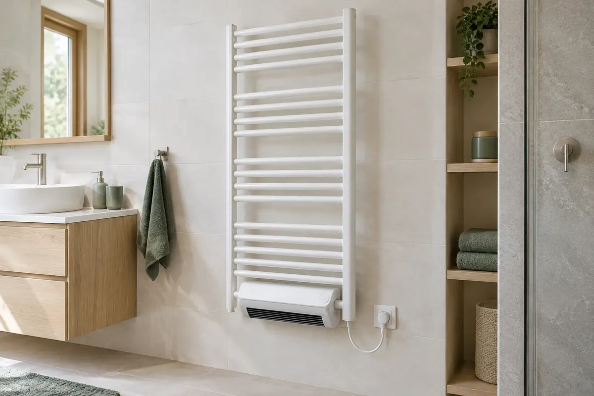 Sèche-serviettes électrique avec soufflerie installé dans une salle de bain claire