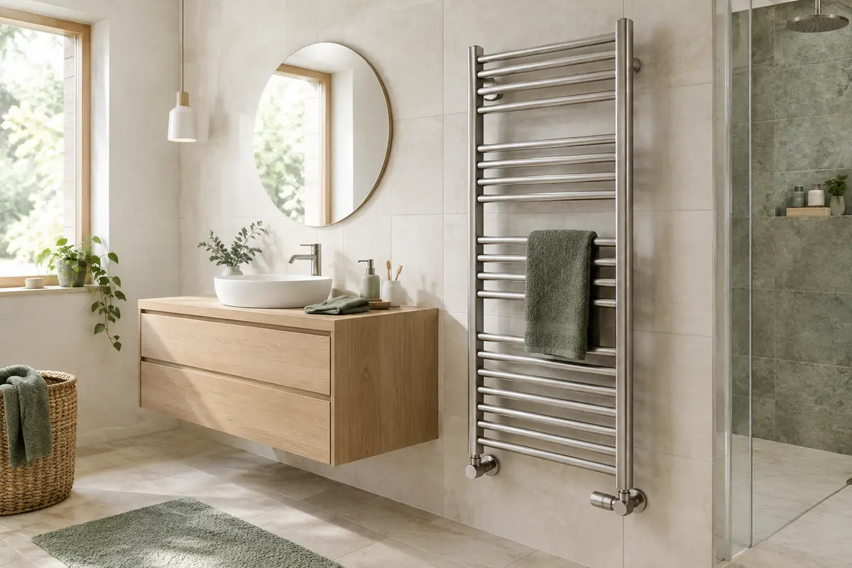 Sèche-serviettes hydraulique avec raccords visibles dans une salle de bain claire