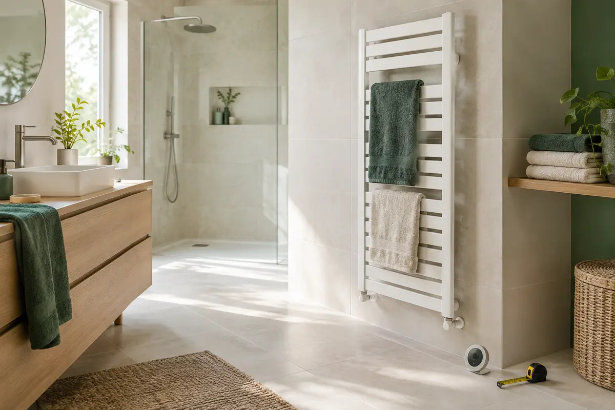 Radiateur sèche-serviettes mural dans une salle de bain, avec un mètre ruban au sol