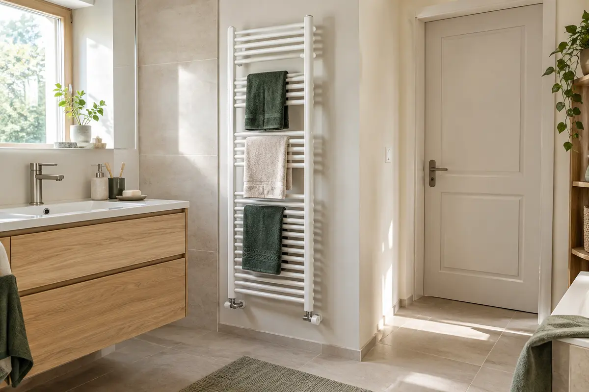 Sèche-serviettes vertical avec serviettes espacées dans une salle de bain au passage dégagé.