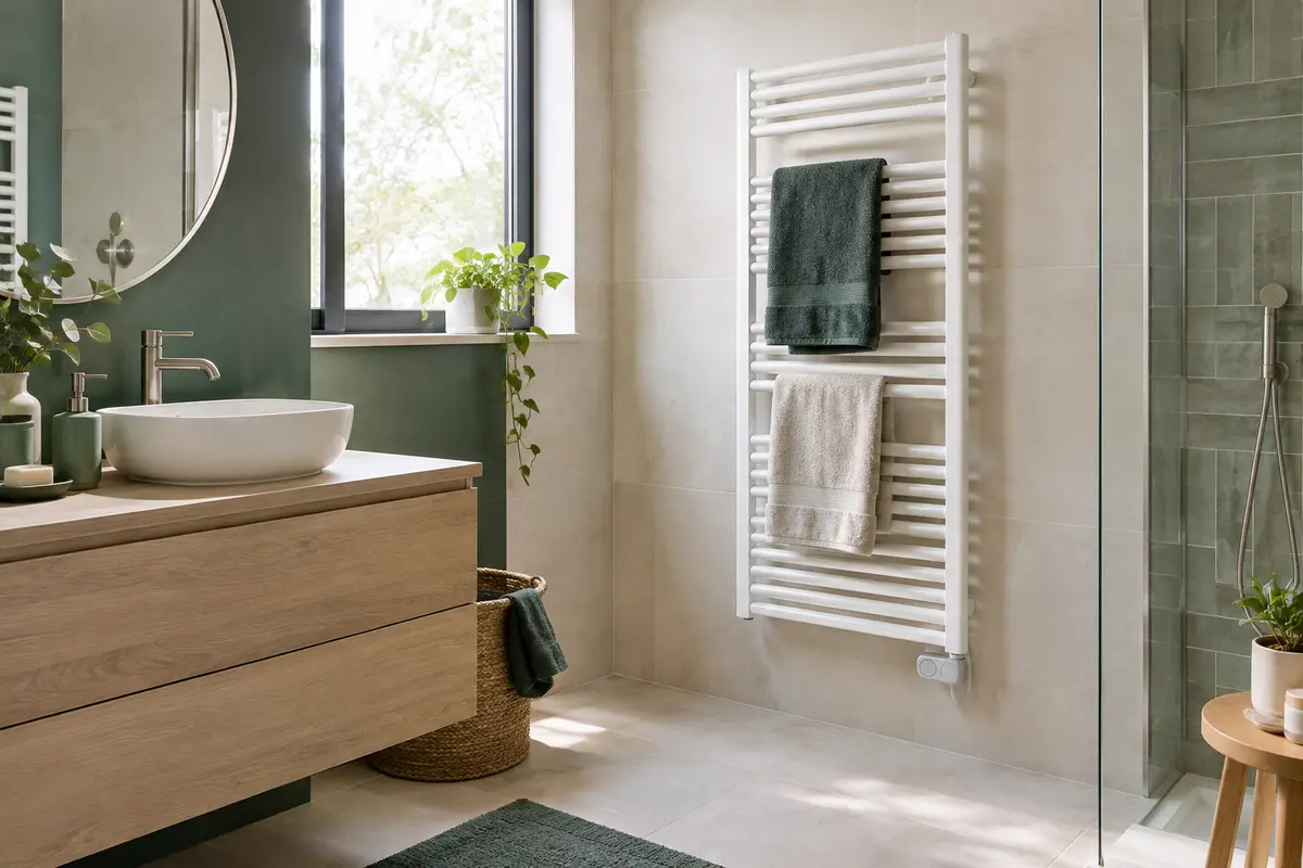 Sèche-serviettes électrique mural dans une salle de bain claire avec des serviettes disposées sur ses barres.