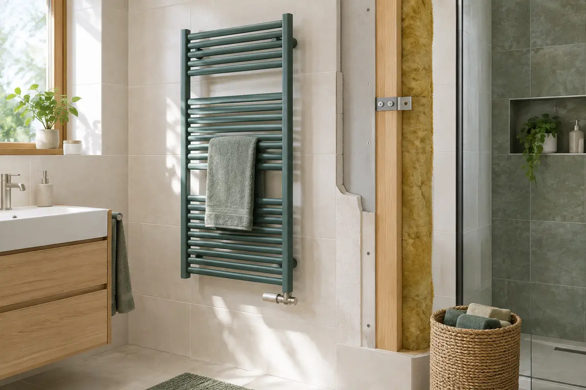 Sèche-serviettes fixé sur un mur carrelé avec ses supports muraux visibles