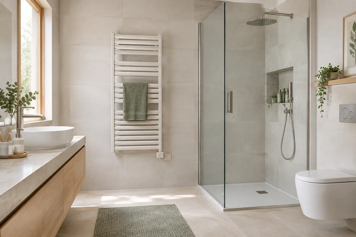 Radiateur sèche-serviettes mural dans une salle de bain, près d’une douche vitrée