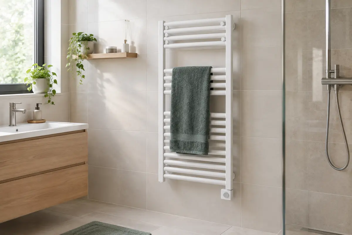 Sèche-serviettes mural dans une salle de bain claire, avec des tubes dégagés et une serviette suspendue.