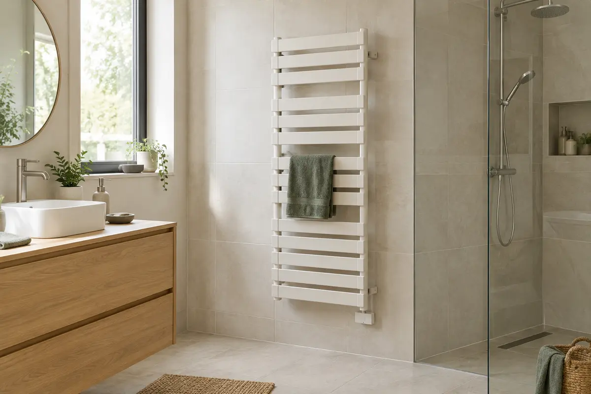 Radiateur électrique mural fixé sur un mur carrelé dans une salle de bain claire et dégagée