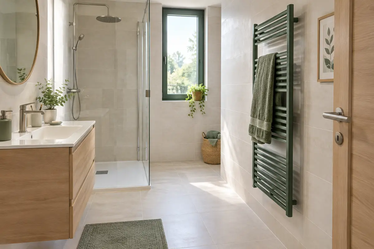 Sèche-serviettes mural placé près de la douche sans encombrer le passage d’une petite salle de bain