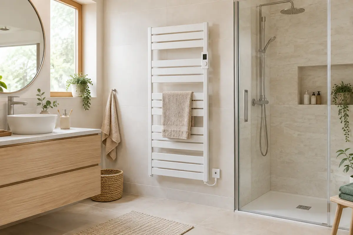 Sèche-serviettes mural et commande de thermostat dans une salle de bain claire