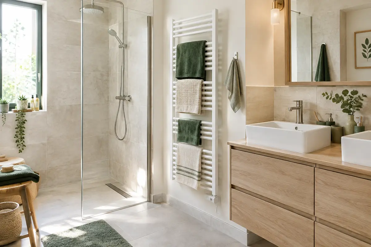 Sèche-serviettes mural dans une petite salle de bain avec plusieurs serviettes espacées sur les barres