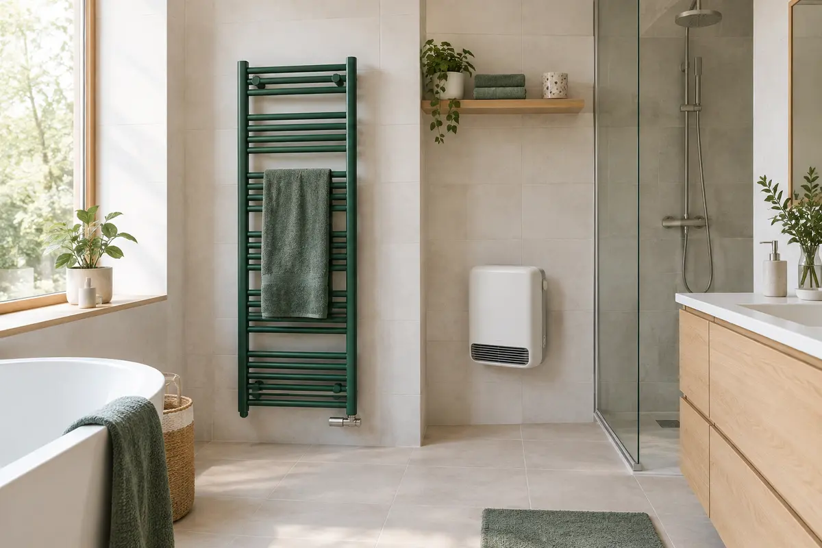 Comparaison dans une salle de bain d’un sèche-serviettes à barres et d’un radiateur soufflant mural.