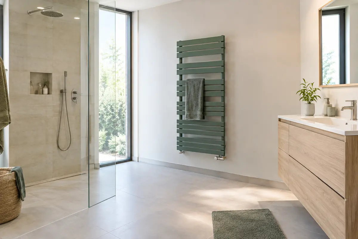 Radiateur électrique mural installé sur un mur dégagé, à distance de la douche dans une salle de bain