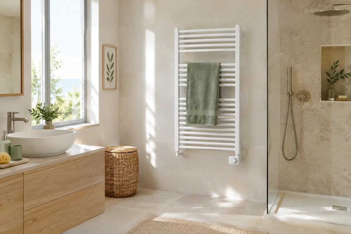 Sèche-serviettes mixte mural avec une serviette dans une salle de bain lumineuse