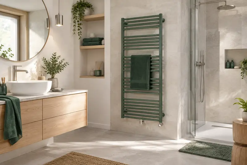 Radiateur mural dans une salle de bain claire, associé à des matières naturelles et des tons minéraux