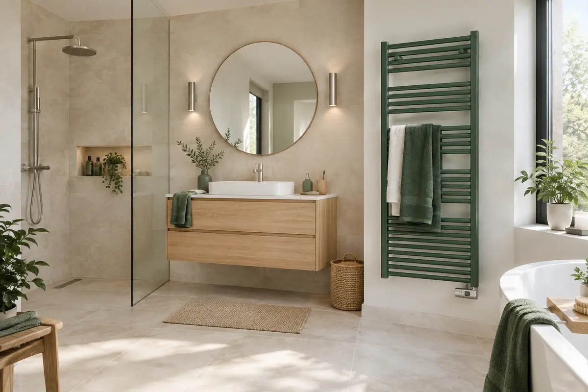 Sèche-serviettes mural dans une salle de bain contemporaine aux matières claires et aux détails minéraux